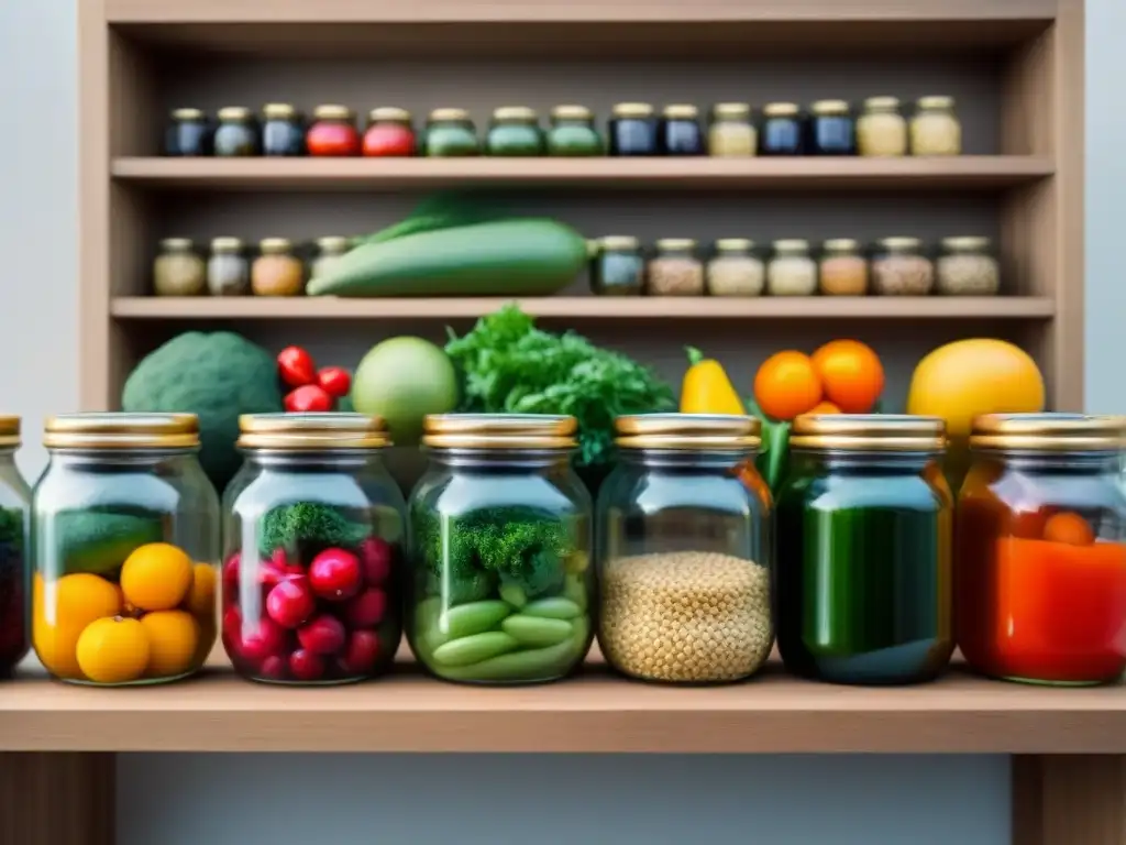 Deliciosas técnicas de conservas caseras ecológicas en frascos de vidrio con frutas y verduras coloridas sobre estantes de madera