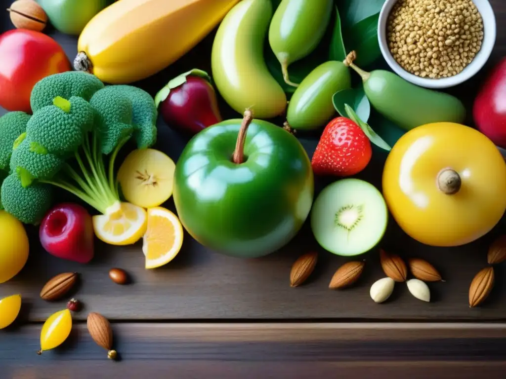 Delicioso banquete vegetal en mesa de madera con variedad de alimentos frescos y coloridos