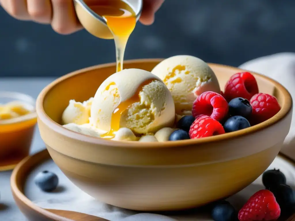 Delicioso helado casero zero waste con frutas y miel en cuenco de bambú, resaltando lo sostenible y delicioso