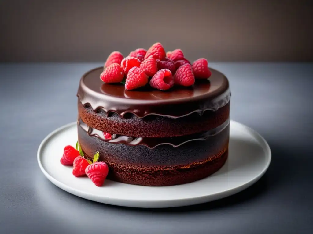 Delicioso pastel de chocolate decadente con ganache y frambuesas frescas, en plato blanco moderno