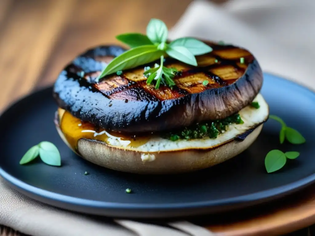 Delicioso portobello a la parrilla en plato negro, con hierbas frescas