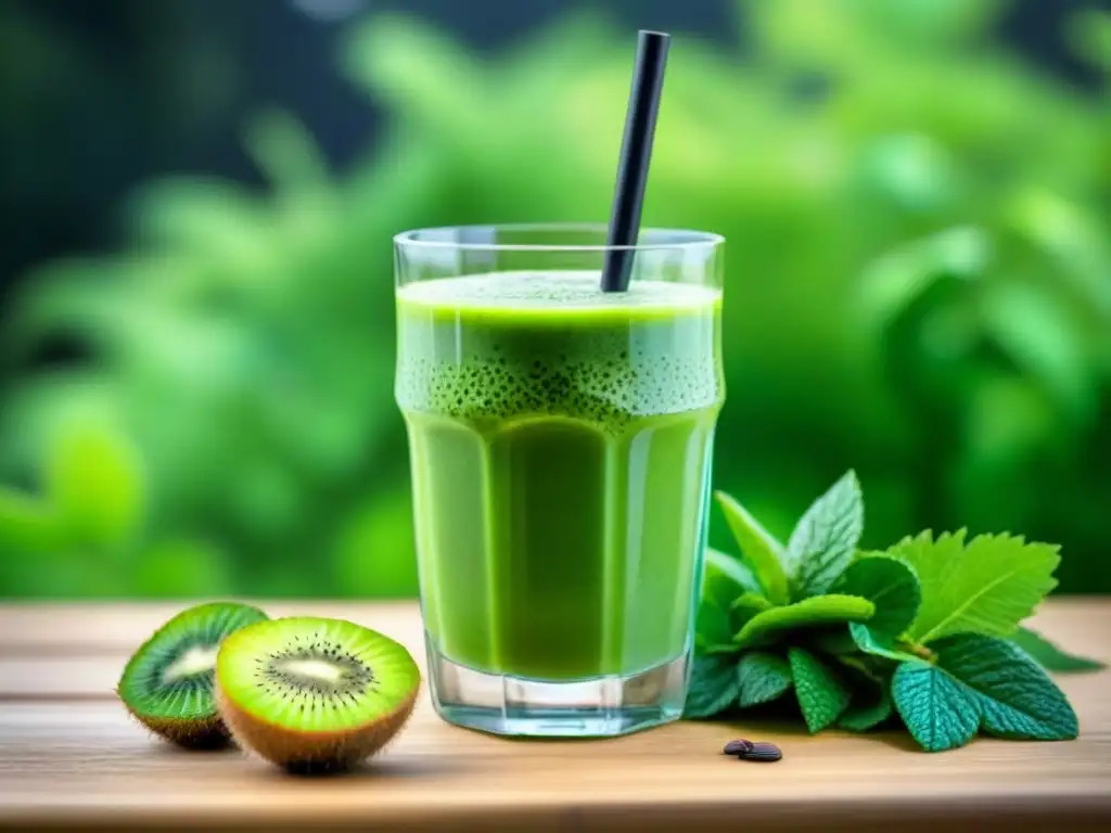 Delicioso smoothie verde con kiwi y chía, en un entorno natural