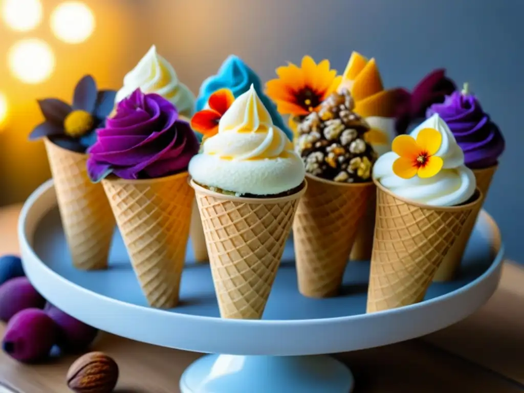 Deliciosos helados zero waste en conos coloridos y decorados con ingredientes eco-friendly