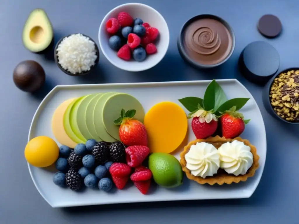 Deliciosos postres zero waste en un plato moderno, con tarta de frutas, mousse de aguacate y macarrones de coco