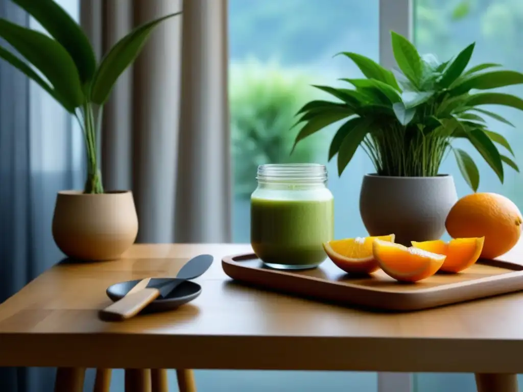 Un desayuno ecológico sostenible zero waste con elementos naturales y luz suave