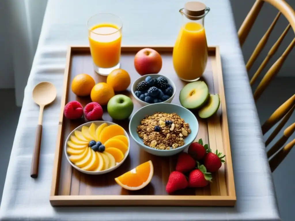 Desayuno ecológico sostenible zero waste con frutas frescas, jugo de naranja y granola casera en bandeja de madera y utensilios de bambú