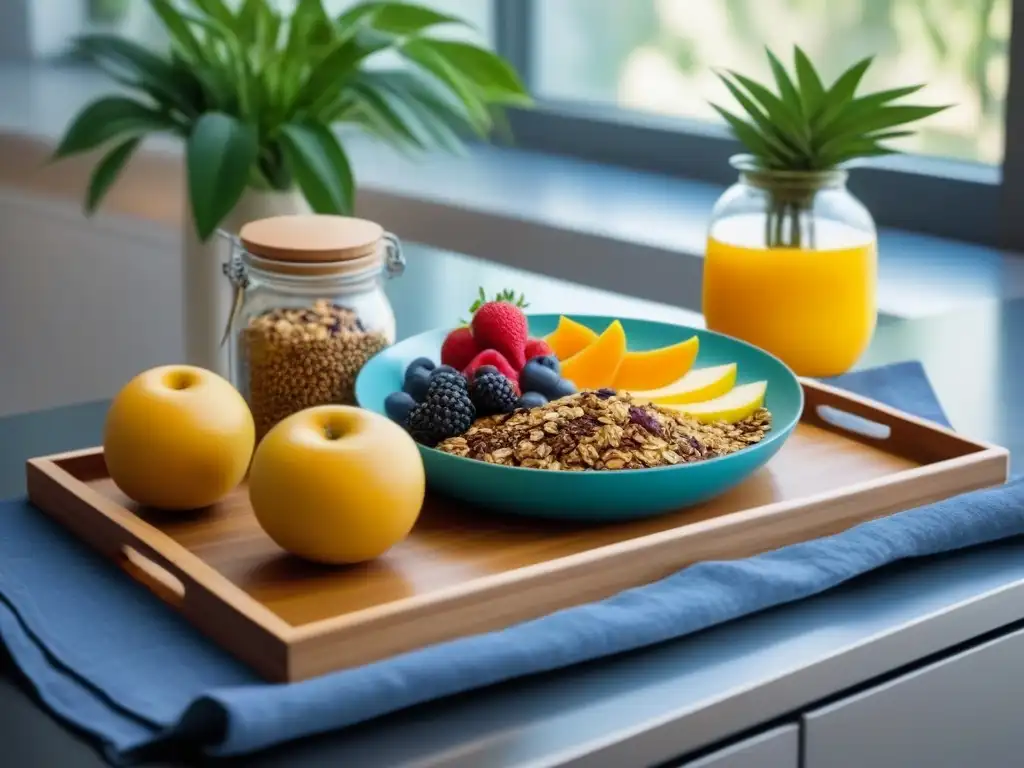 Un desayuno ecológico sostenible zero waste en una mesa decorada con frutas frescas, granola casera en frascos de vidrio, utensilios de bambú, sorbete de bambú y servilleta de tela, en una cocina serena iluminada por el sol con plantas al fondo