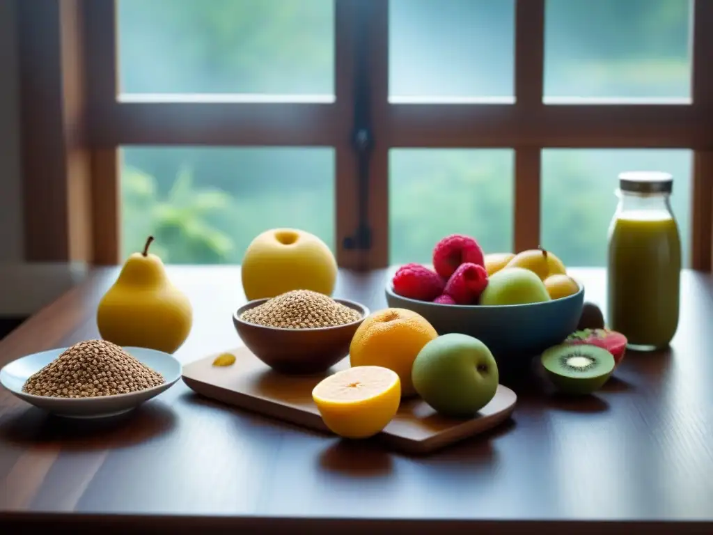 Un desayuno ecológico sostenible zero waste: variedad de frutas y granos frescos sobre una mesa de madera con luz natural suave