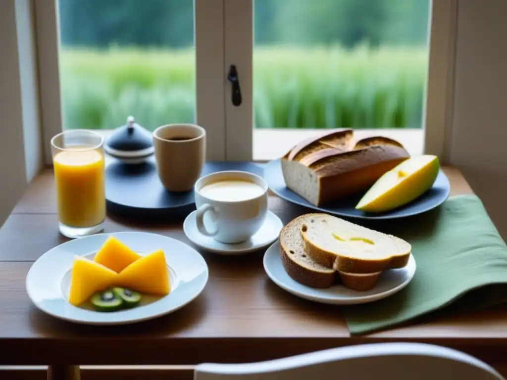 Un desayuno sostenible y acogedor: mesa de madera con frutas frescas, pan integral, yogur orgánico y café justo, iluminada por la mañana