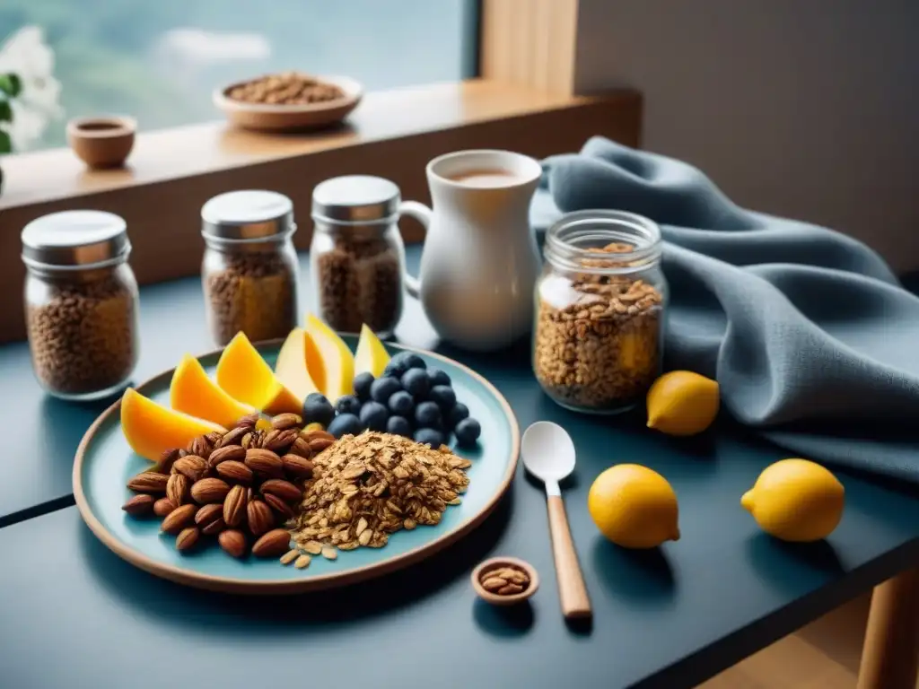 Un desayuno sostenible con elementos ecológicos: cubiertos de bambú, frutas frescas, café de comercio justo