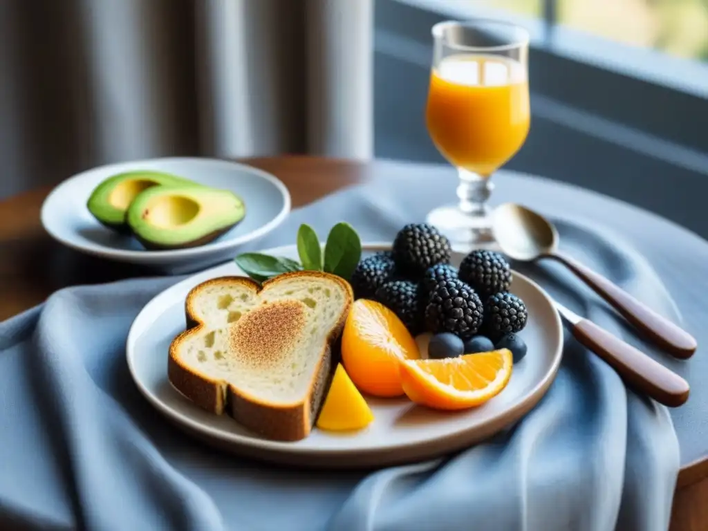 Un desayuno sostenible: bayas frescas, jugo de naranja y tostada de aguacate en una mesa de madera con luz suave filtrándose