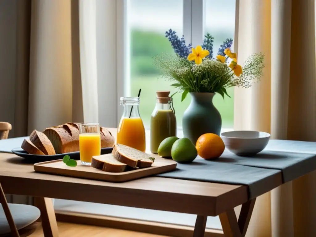 Un desayuno sostenible con frutas frescas, pan integral, jugo de naranja y café, sobre una mesa de madera clara