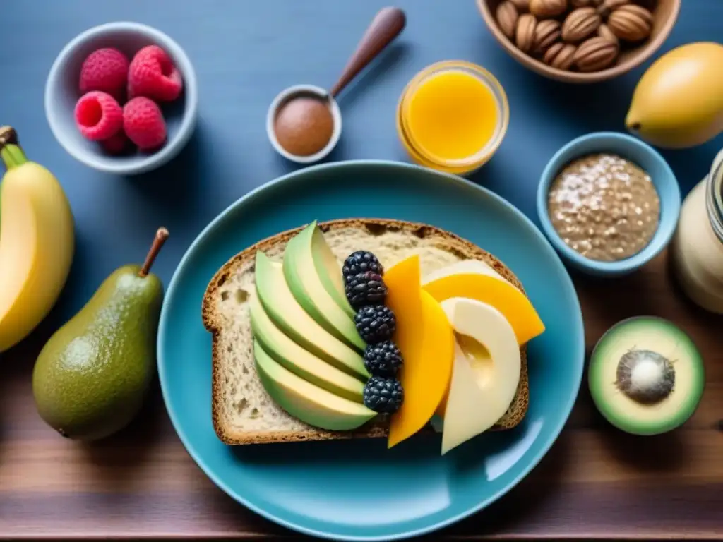 Un desayuno sostenible con frutas frescas, pan integral y spreads vegetales en una mesa de madera