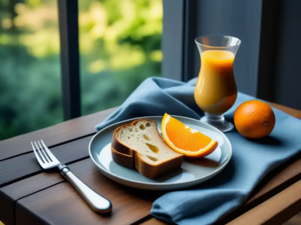 Un desayuno sostenible y zero waste con frutas orgánicas, pan integral, jugo de naranja y café fairtrade en una mesa de madera