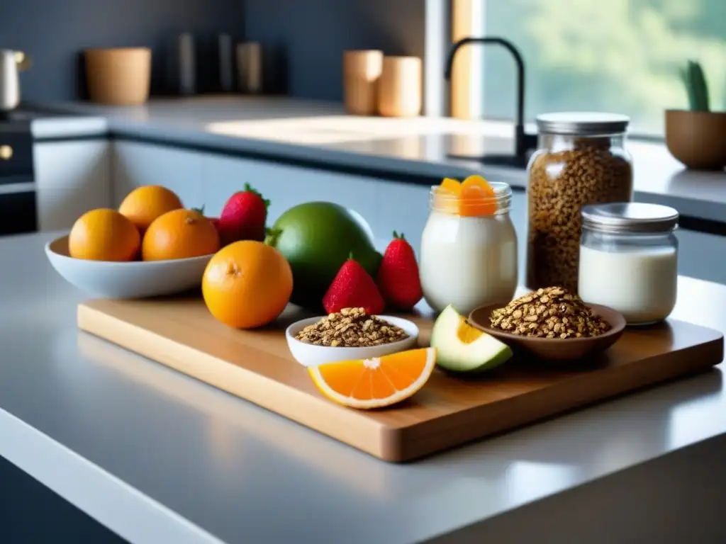 Un desayuno sostenible con ideas ecológicas: colorida granola, frutas frescas, yogur y jugo de naranja, bañados por la luz dorada de la mañana