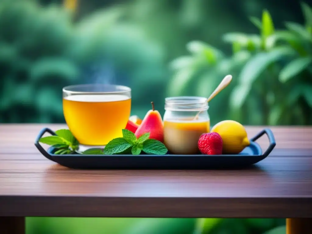 Un desayuno sostenible en la naturaleza: bandeja de frutas, café fairtrade, miel y menta, rodeados de verdor y pájaros cantando