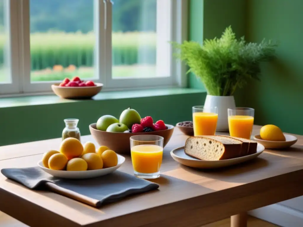 Un desayuno sostenible con productos ecológicos en una mesa elegante y soleada