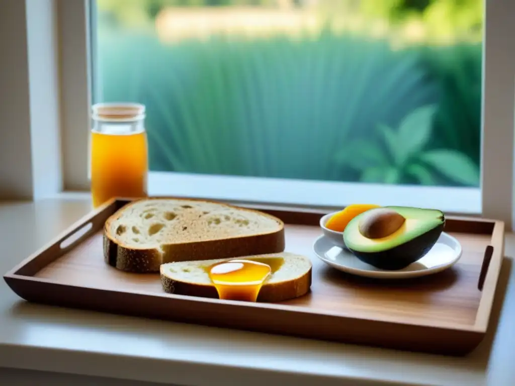 Un desayuno sostenible con productos ecológicos: café, frutas, pan integral con aguacate y miel local, iluminados por la suave luz matutina