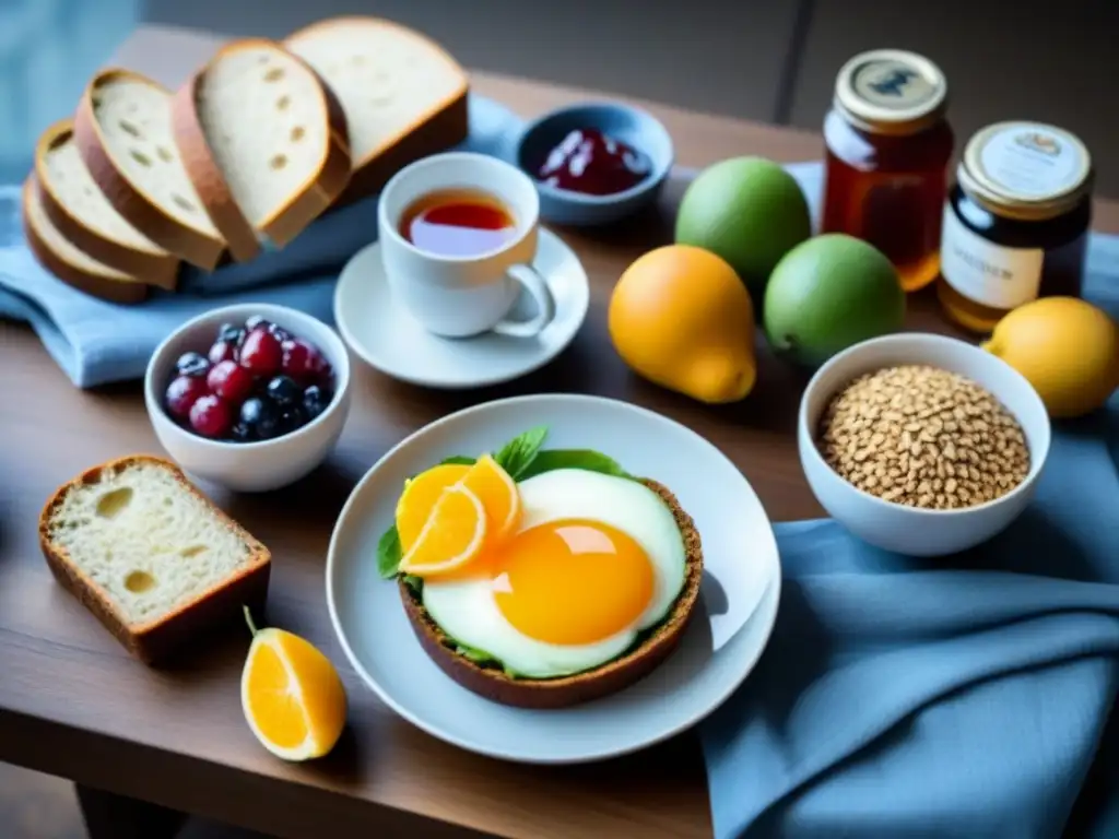 Desayuno sostenible con productos ecológicos en mesa elegante y luz natural suave