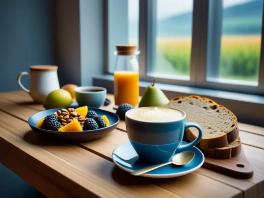 Un desayuno sostenible con productos ecológicos, frutas frescas, pan integral, nueces y semillas en mesa de madera