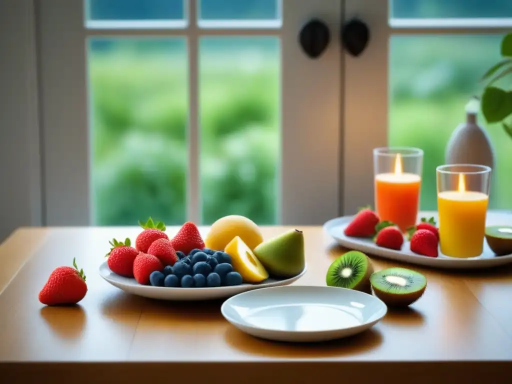 Un desayuno sostenible con productos ecológicos: frutas frescas en plato blanco sobre mesa de madera, iluminado por luz matutina