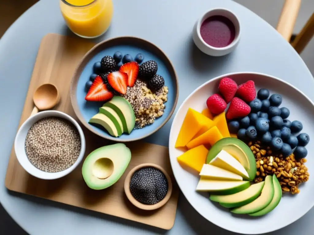 Un desayuno sostenible con acai bowls, tostadas de aguacate, chía pudding y frutas frescas en platos de bambú