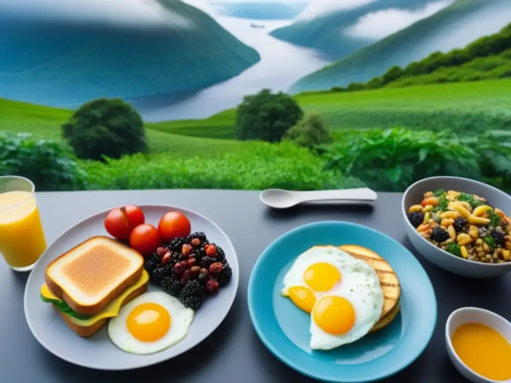 Dos desayunos contrastantes: uno convencional con alimentos procesados y contaminación; otro sostenible con productos ecológicos y naturaleza viva