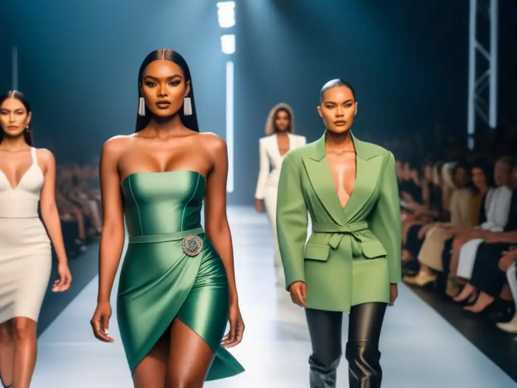 Desfile de moda inclusiva y sostenible con diversidad étnica y de estilos en una pasarela futurista