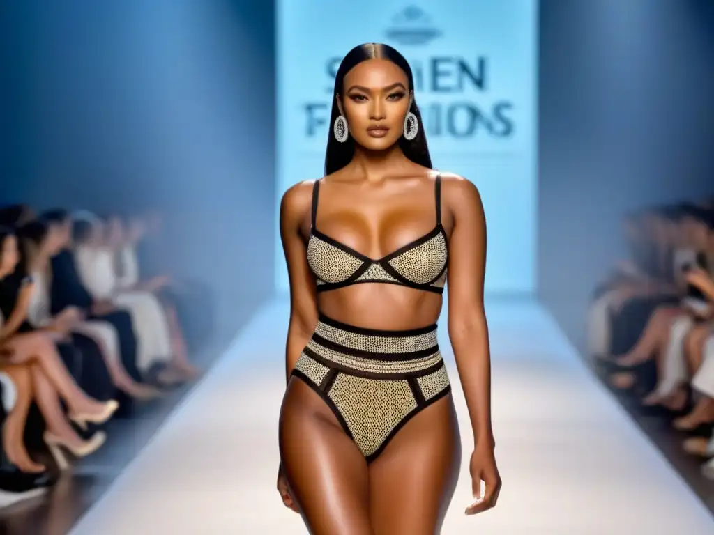 Desfile de moda inclusiva y sostenible con diversidad de modelos caminando con confianza por una pasarela moderna y minimalista