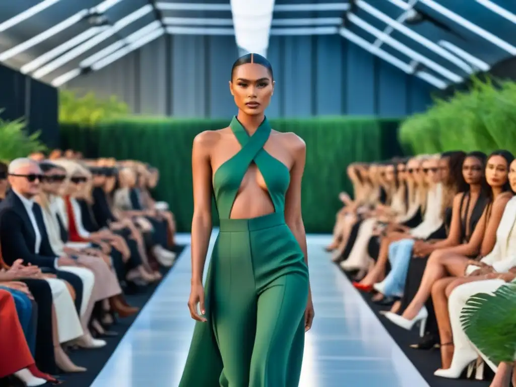 Desfile de moda sostenible 2022: pasarela futurista con modelos luciendo prendas eco en un entorno verde y tecnológico