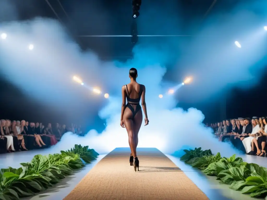 Desfile de moda sostenible tendencias 2023 con diseños eco-friendly innovadores en una pasarela futurista