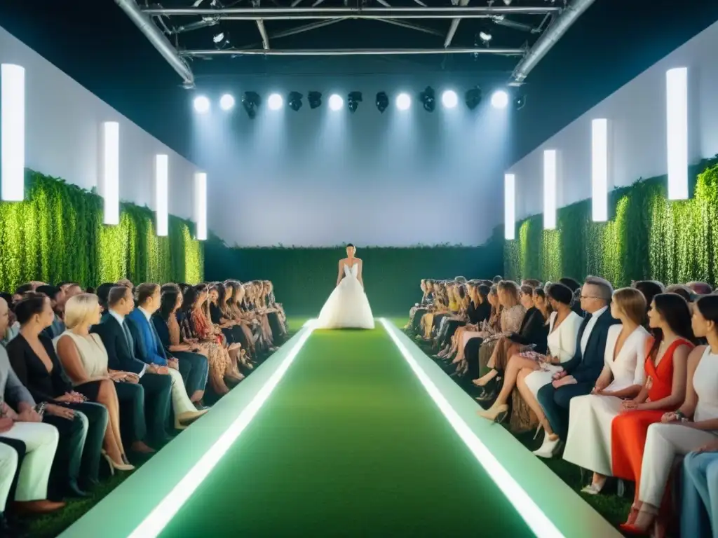 Desfile de moda sostenible tendencias 2023 con diseños ecofriendly innovadores en pasarela futurista iluminada por luz natural y pared de vegetación