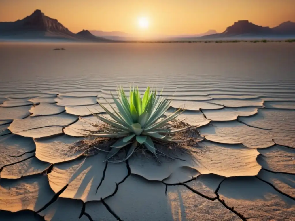 Desierto árido y agrietado, con plantas marchitas y animales en apuros, simbolizando la adaptación al cambio climático extremo