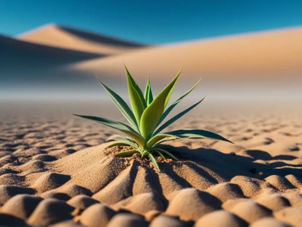 Desierto árido con planta verde, simbolizando esperanza ante el impacto del cambio climático en el suministro de energía