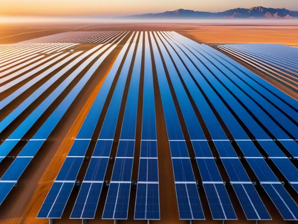 Un desierto vasto y soleado con paneles solares brillantes en perfecta alineación, reflejando el cielo y la tierra