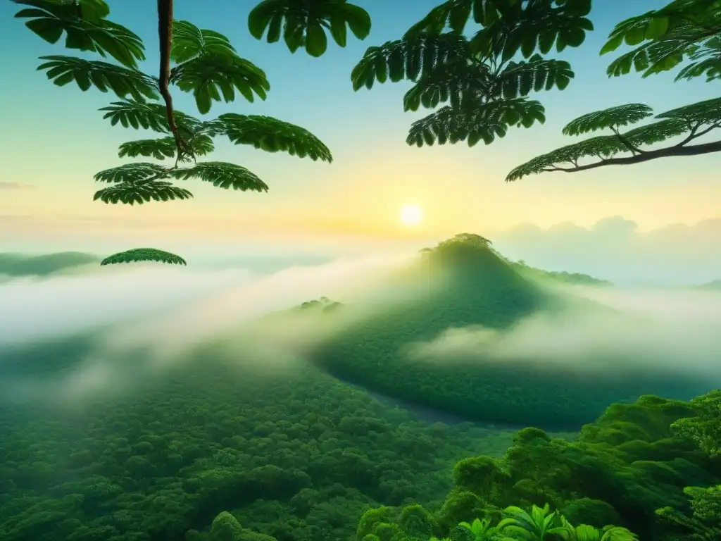 Deslumbrante escena de ecoturismo en la selva amazónica al amanecer, con exuberante vegetación y vida silvestre integrada en el dosel verde