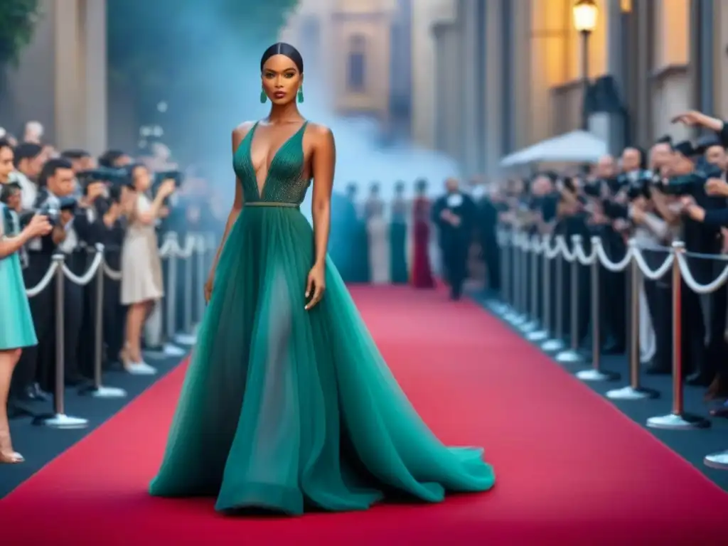 Deslumbrante evento de moda sostenible en la alfombra roja con celebridades elegantes luciendo diseños ecofriendly de alta costura