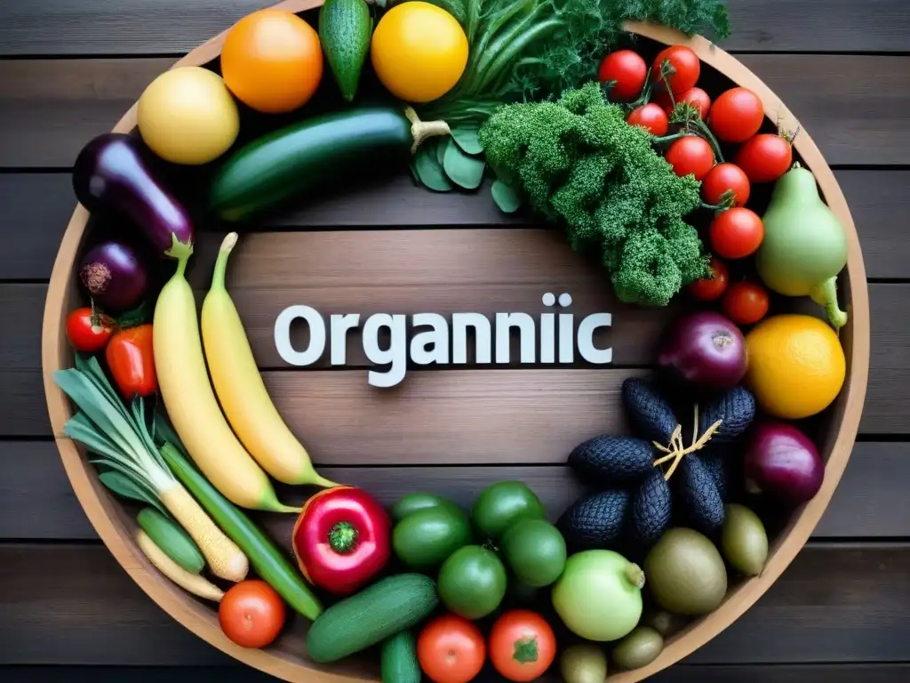 Deslumbrante exhibición de frutas y verduras orgánicas en una mesa de madera, reflejando la permacultura alimentación sostenible zero waste