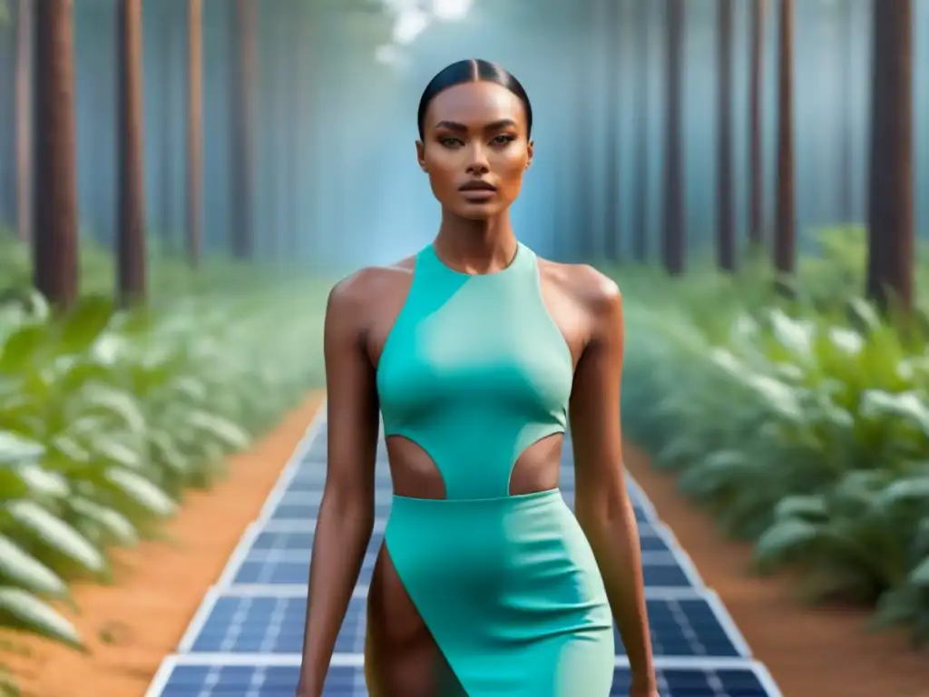 Deslumbrante pasarela de moda sostenible en un bosque verde con paneles solares, fusionando estilo y ecología para combatir el cambio climático