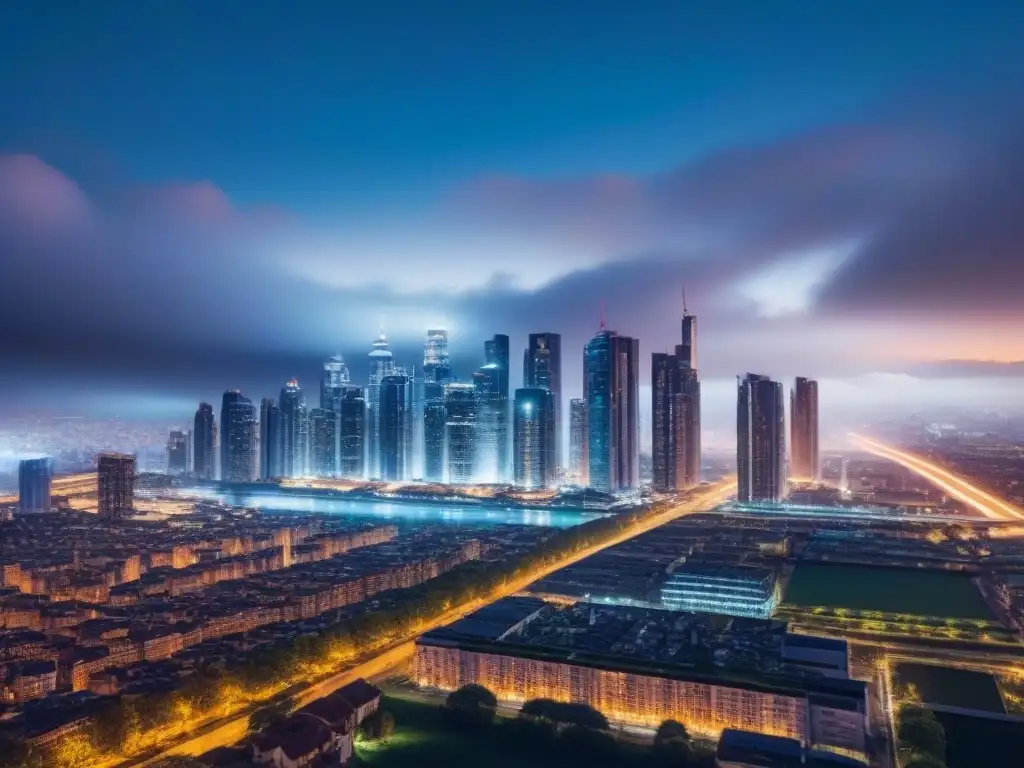 Deslumbrante skyline nocturno de ciudad moderna con iluminación eficiente y eco-friendly