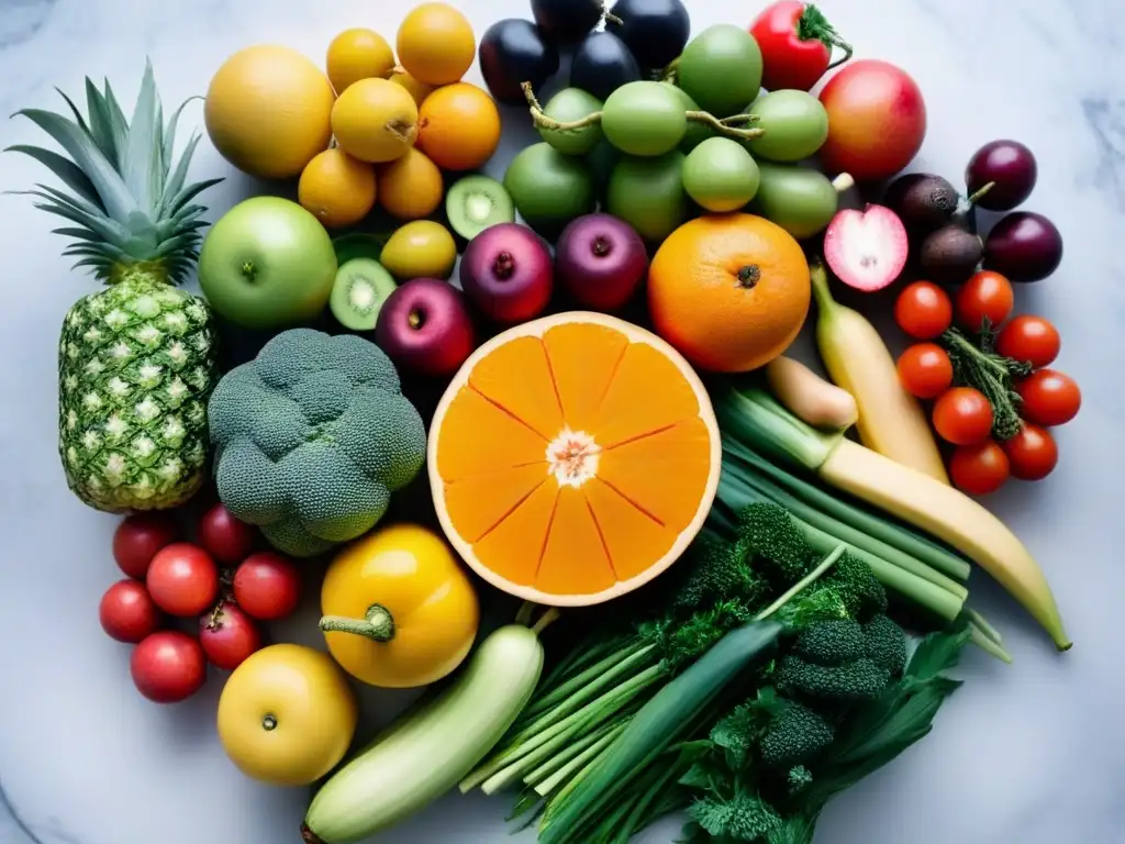 Exquisita exhibición de frutas y verduras frescas en mármol blanco Deslumbrante variedad de frutas y verduras frescas en un patrón circular sobre mármol blanco