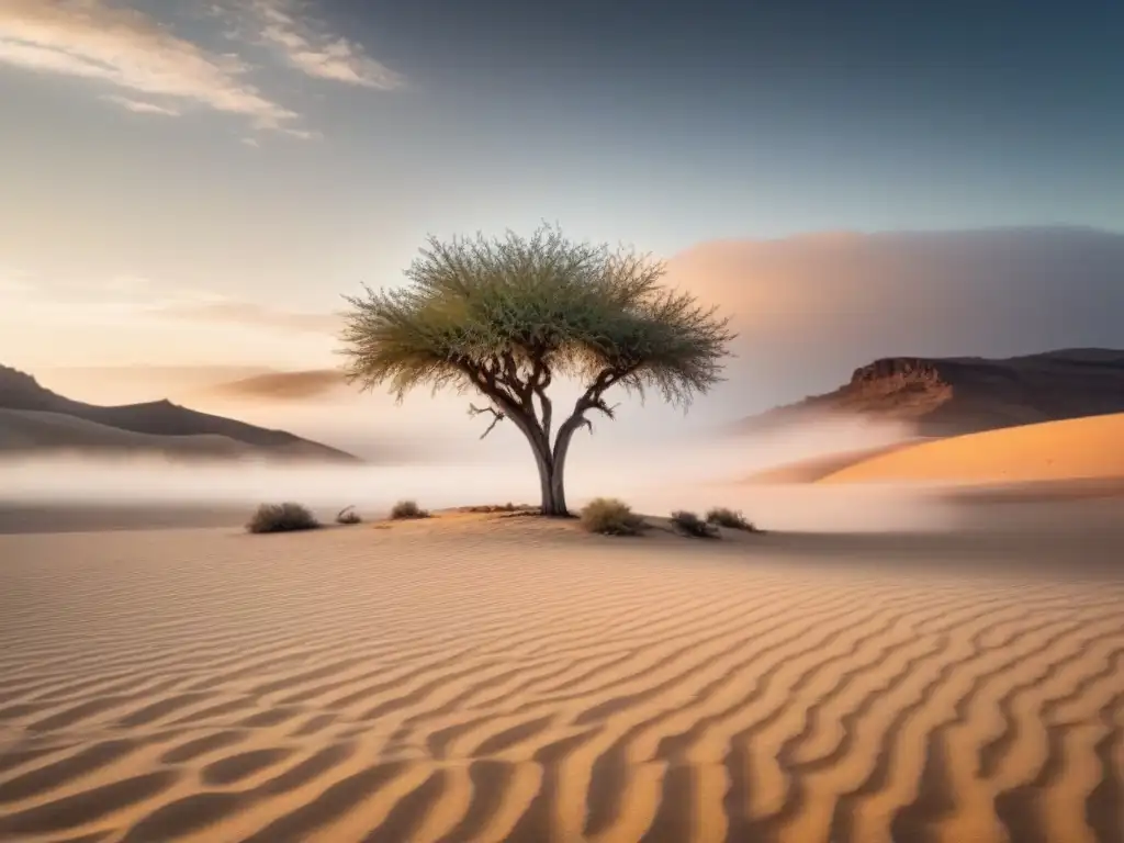 Desolado paisaje desértico con un árbol marchito en el centro, representando el impacto del cambio climático