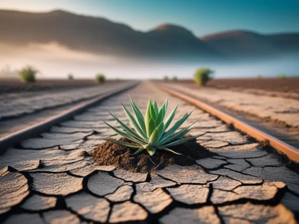 Desolado paisaje con suelo agrietado y plantas marchitas, simbolizando la contaminación por metales pesados