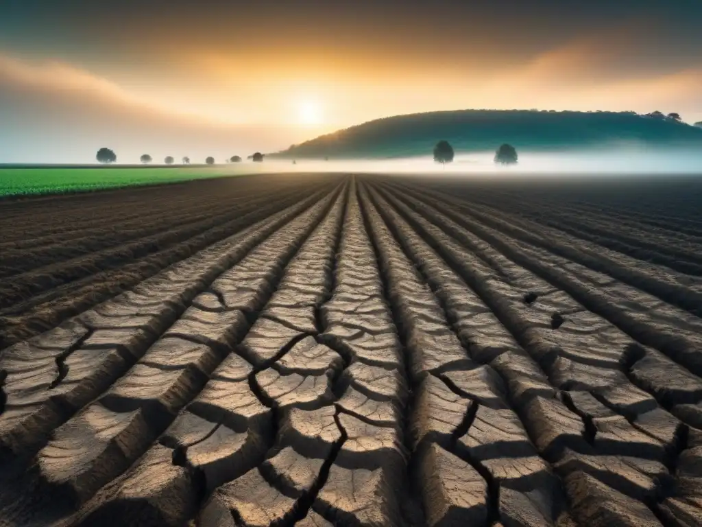 Desolado paisaje agrícola con suelos erosionados por residuos agrícolas, resaltando la importancia de la prevención de la erosión del suelo