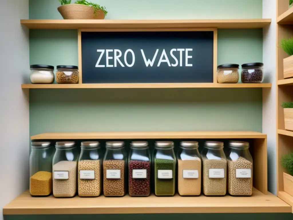 Un despensa zero waste organizada con frascos de vidrio y utensilios sostenibles bajo luz natural