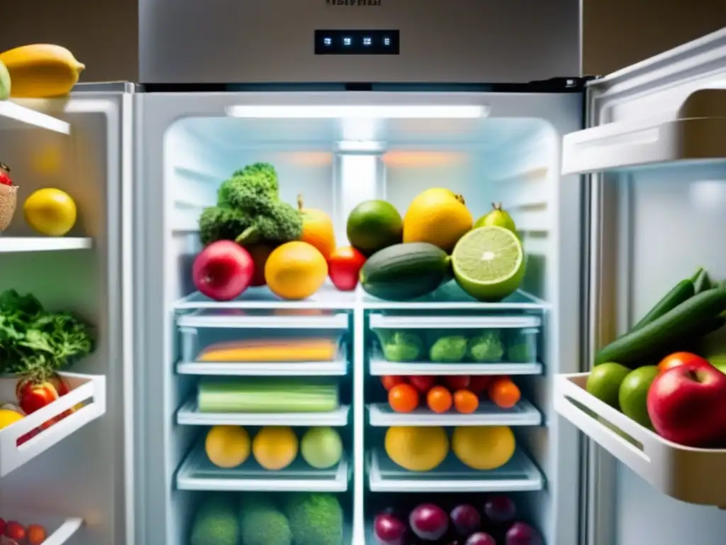 Una despensa organizada con frutas frescas, verduras y recipientes etiquetados