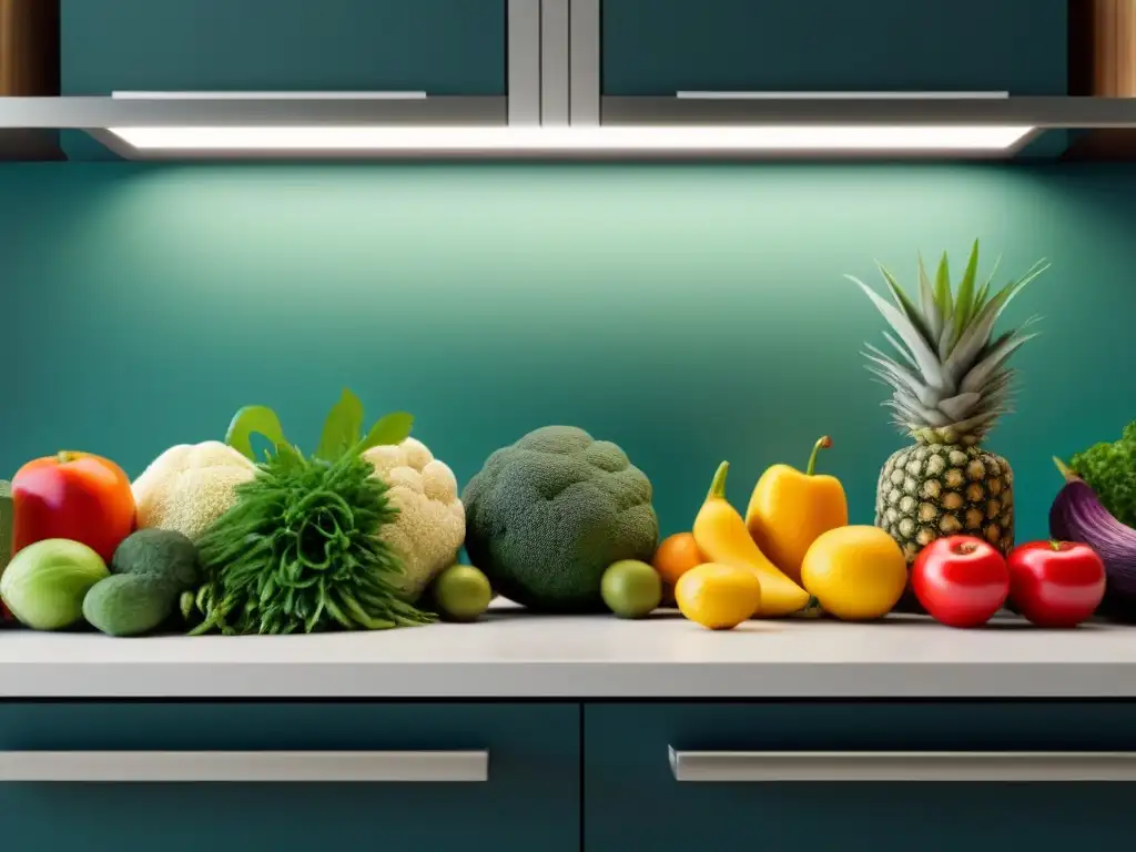 Reducir desperdicio alimentario estrategias: Una cocina organizada con frutas y verduras frescas en fila, colores vibrantes y armonía visual