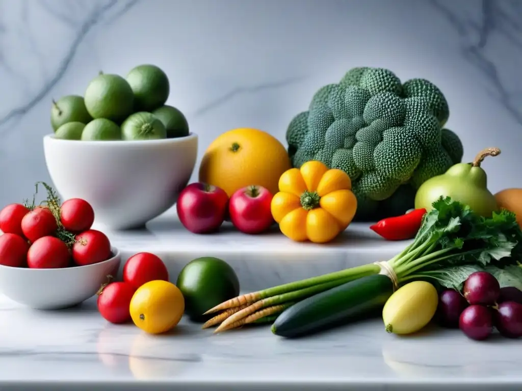 Un despliegue abundante de frutas y verduras frescas en un elegante y minimalista estilo sobre una encimera de mármol blanco