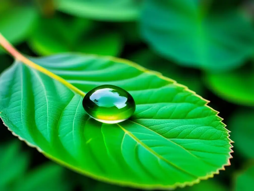 Un destello de suero orgánico en una hoja verde, reflejando pureza y frescura