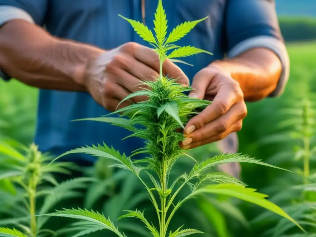 Ilustración detallada de un campo de cáñamo sereno con trabajadores cuidando las plantas bajo un cielo azul